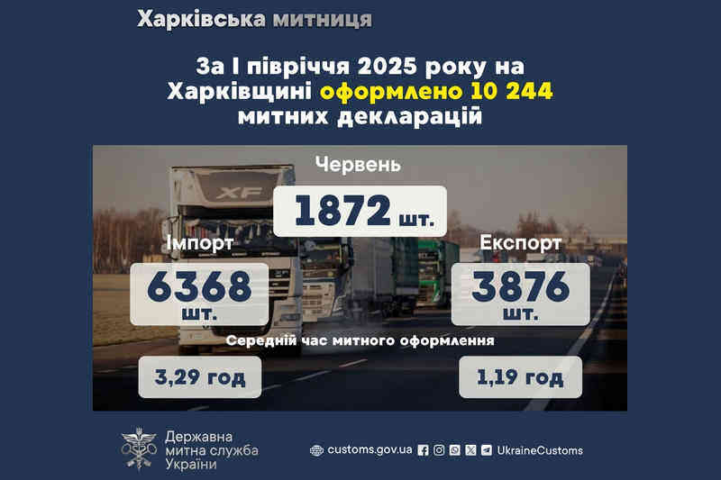За I полугодие 2025 года в Харьковской области оформлено 10244 таможенных деклараций