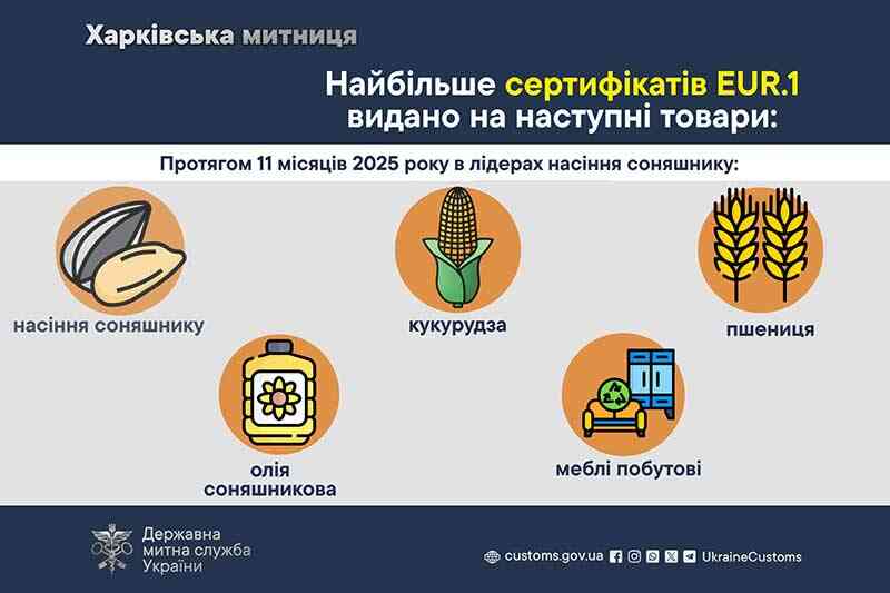 Найбільше сертифікатів EUR.1 видано на наступні товари: