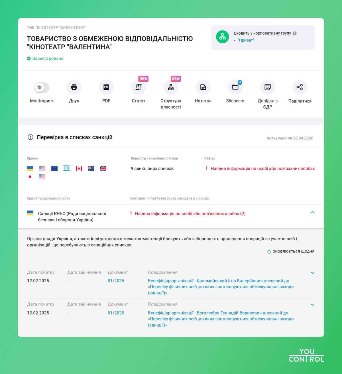 Скриншот из системы YouControl, раздел «Санкции»