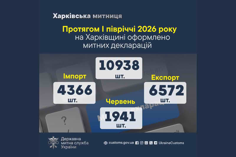 В течение I полугодия 2026 года в Харьковской области оформлено 10938 таможенных деклараций